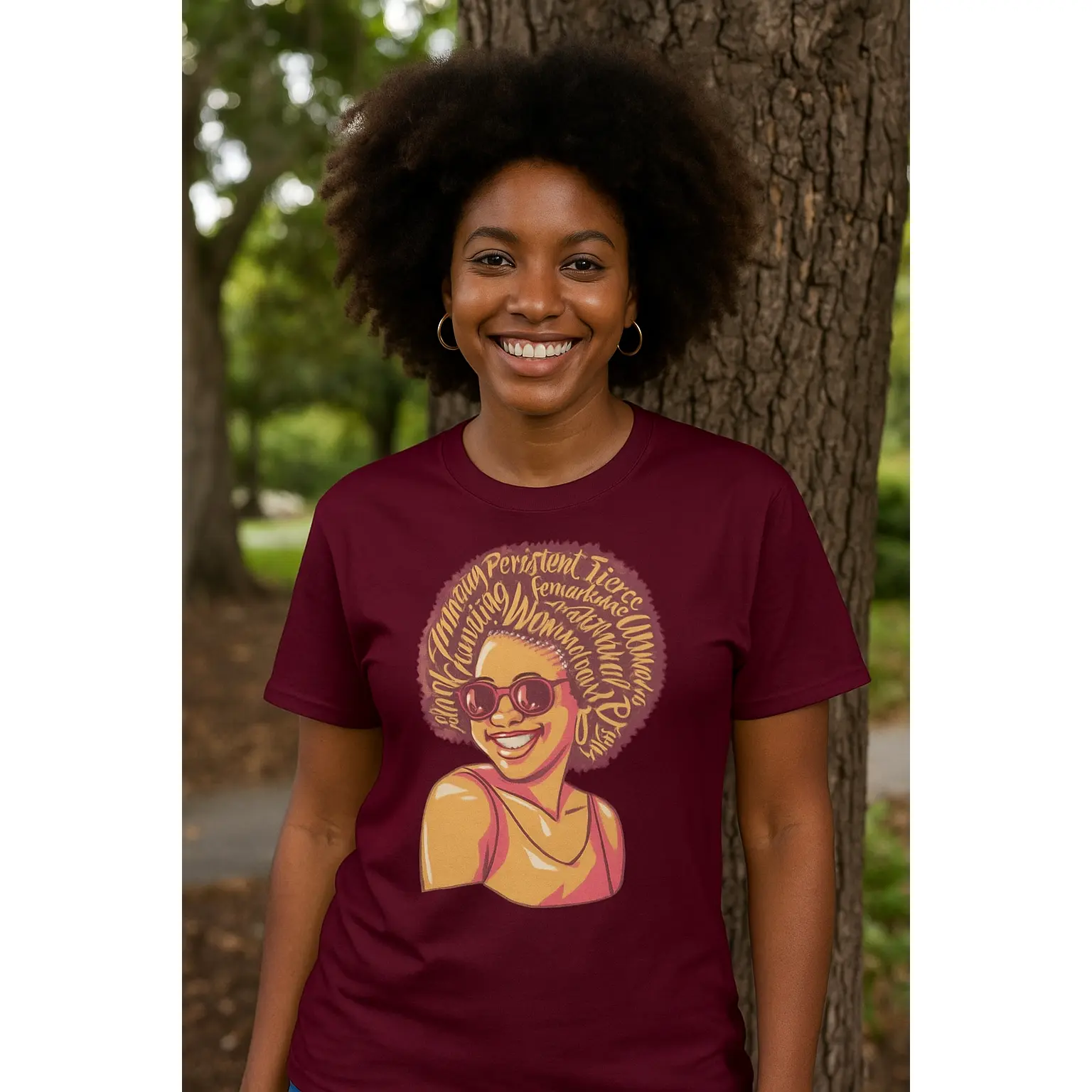 Afro Woman Empowerment T-Shirt – Bold Maroon Tee Celebrating Black Beauty, Strength & Confidence