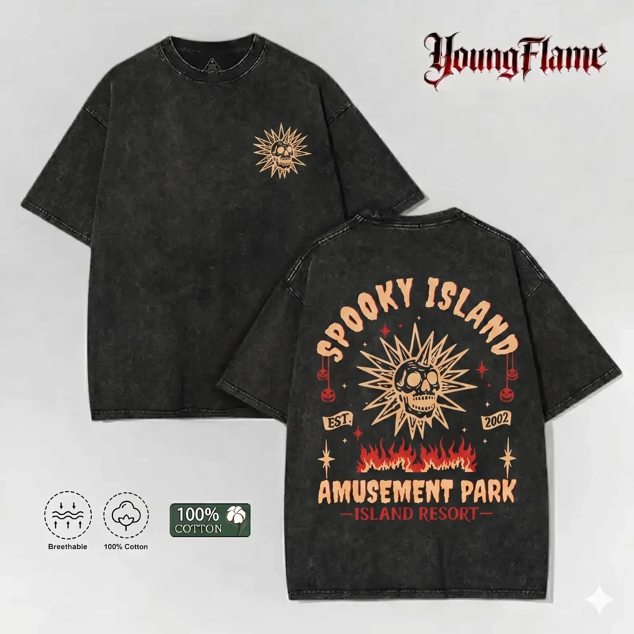 YoungFlame Spooky Island Acid Wash Oversized Tshirt - Y2K Nostalgic Graphic, Heavyweight 100% Cotton, Short-Sleeved Men's Streetwear Top for 2026 Outdoor Fun, Vintage Menswear Fashionable Casual Gift Tshirt Tropical Crewneck