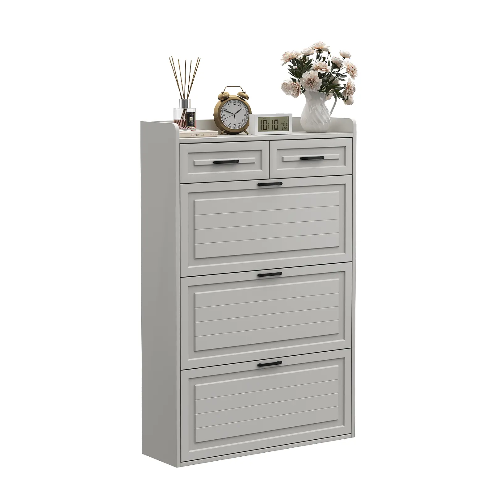 Slim Modern Farmhouse Shoe Cabinet – 4-Tier Entryway Organizer with 3 Turn Drawers & 2 Storage Drawers – Adjustable Shelves – Holds 18-24 Pairs – Freestanding for Hallway, Foyer