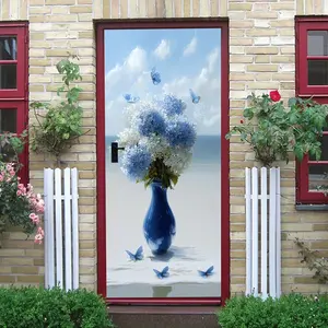 2pcs Blue Hydrangea Flower Bouquet Wall Sticker Mediterranean Style Living Room Bedroom Background Wall Decal Self Adhesive Removable Waterproof Butterfly and Hydrangea Combination Wall Decor Sticker