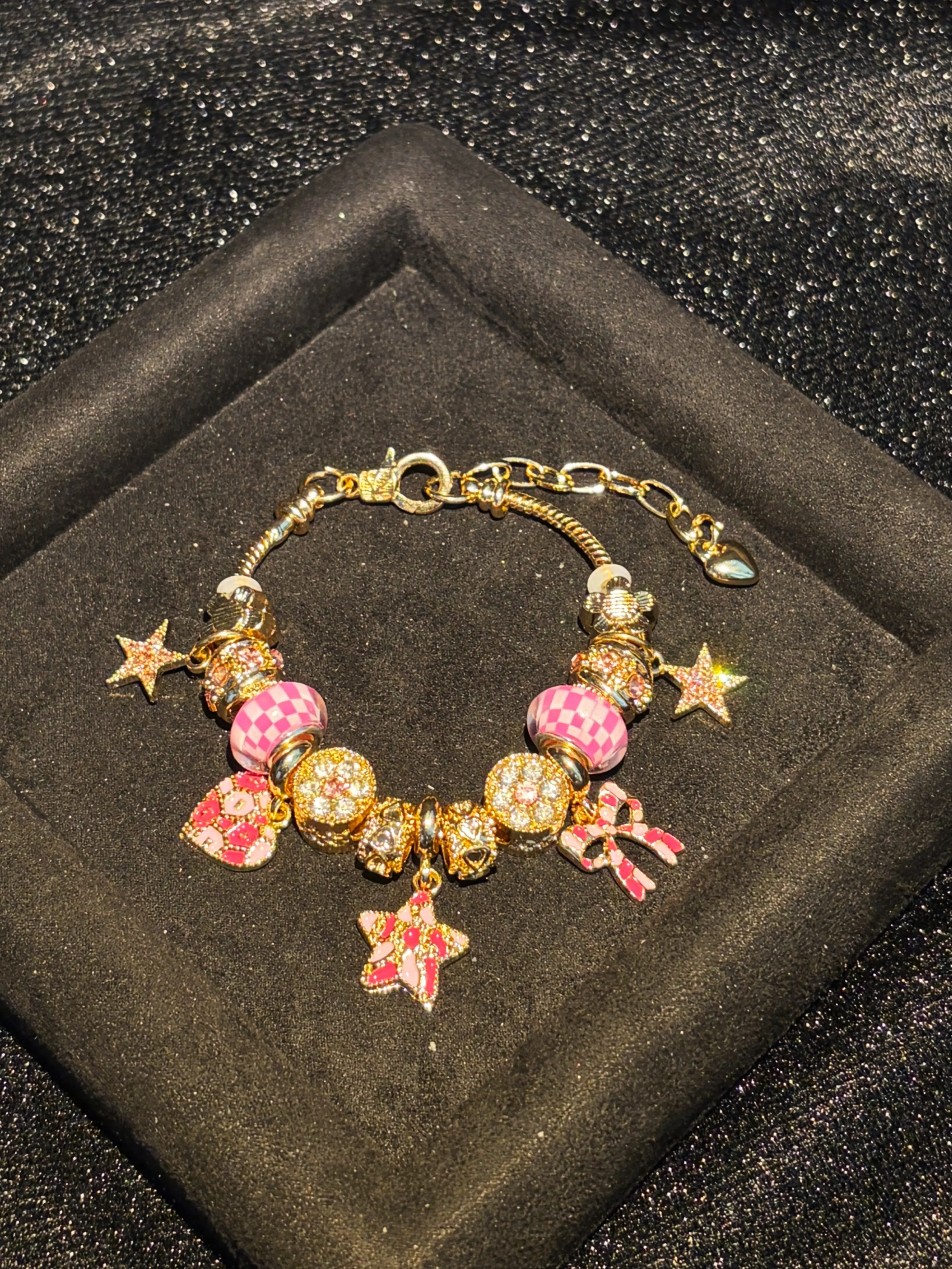 Women's Gold-Tone Pink Enamel Beaded Charm Bracelet with Bow, Star, Heart Accents - Sweet Girly Costume Jewelry Gift