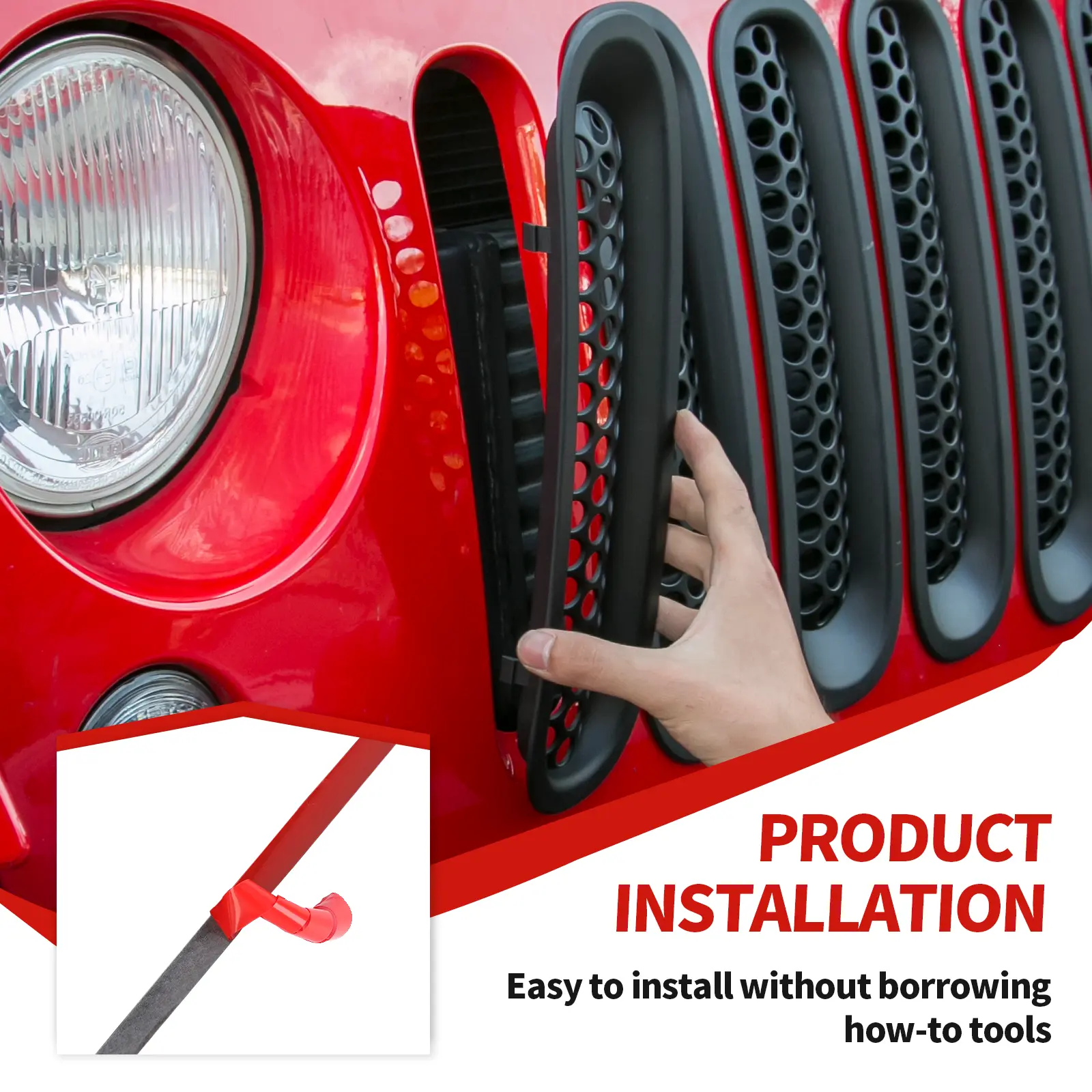 7-Item/Set Clip-in Front Grille Mesh Inserts Trim - Automotive Vehicle Accessory, Plastic Trim Decoration for 2007-2018 Jeep Wrangler JK/JKU, Car Exterior Accessory
