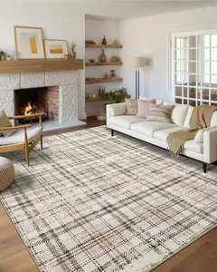 Modern Plaid Washable Rug 9x12FT Rug for Living Room Soft Large Area Rug for Bedroom Tartan Non Shedding Non Slip Throw Rugs Stain Resistant Carpet for Dining Room Nursery,Beige