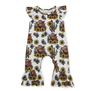 Western sunflower cow Printed OnePieces for Girls