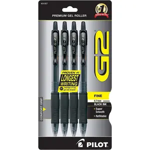 Pilot G2 Pens, Premium Refillable and Retractable Rolling Ball Gel Pens, Fine Point, 0.7mm, Black Ink, 4-Pack