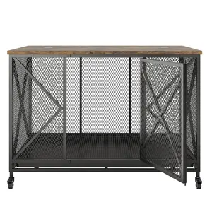 Rolling Dog Crate Furniture, 48 Inch Indoor Dog Kennel Cage Table - Durable Metal Frame, Potty Tray, Stylish Modern Design - For Large, Medium, Small Dogs - Black
