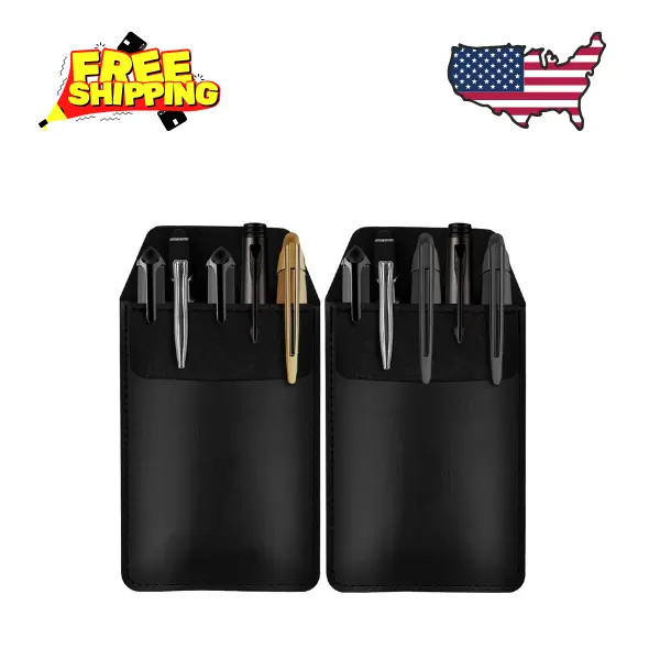 2 Pieces PU Leather Pen Pocket Protector, Pen Holder Organizer Pouch, Black