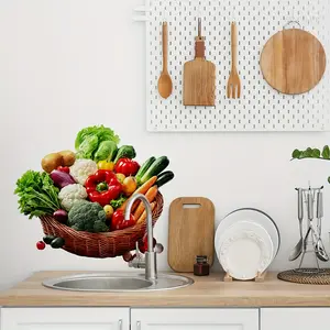 A (30*30cm) creative realistic fruit and vegetable wooden basket kitchen wall sticker Peel and stick for restaurant and kitchen decoration background beautification (M19029-NC)