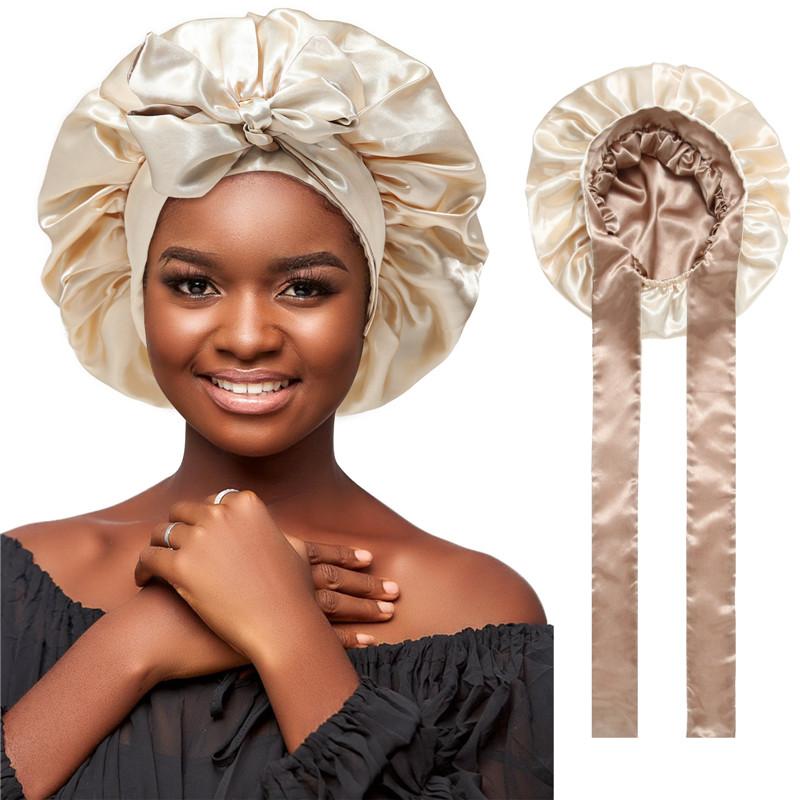 Double-Layer Coffee&champagne Satin Bonnet Sleep Cap for Women Curly Hair Wrap for Sleeping Cap Adjustable Reversible Bonnet with Tie Band Night Cap