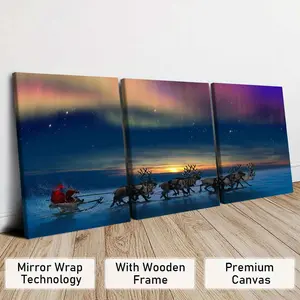 3-Piece Modern Art Canvas Prints, Solid Wood Framed Wall Decor, Christmas Landscape & Reindeer Design, Ideal Gift for Home Decoration