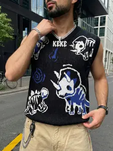 New Retro Fun Cartoon Dinosaur Print V-Neck Sleeveless Knit Vest Black & Blue Color Block Trendy Street Casual Loose Top