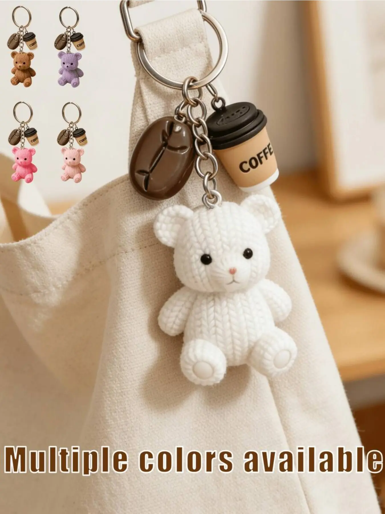 Cute cartoon bear pendant with coffee cup and coffee bean decorations, resin bear pendant suitable for bag decoration, bag charms, women's gifts, unique car keychain accessories, Keychain Charm