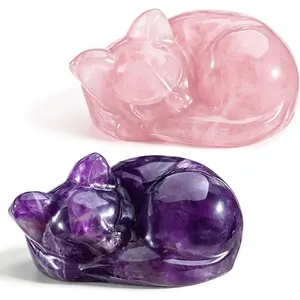 Crystal Amethyst & Rose Quartz Cat Figurines, 2" Sleeping Cat Crystal Sculpture, Healing Crystal Decors Statue, Home Office Desk Decor, Cat Themed Ornaments Gift for Cat Lovers