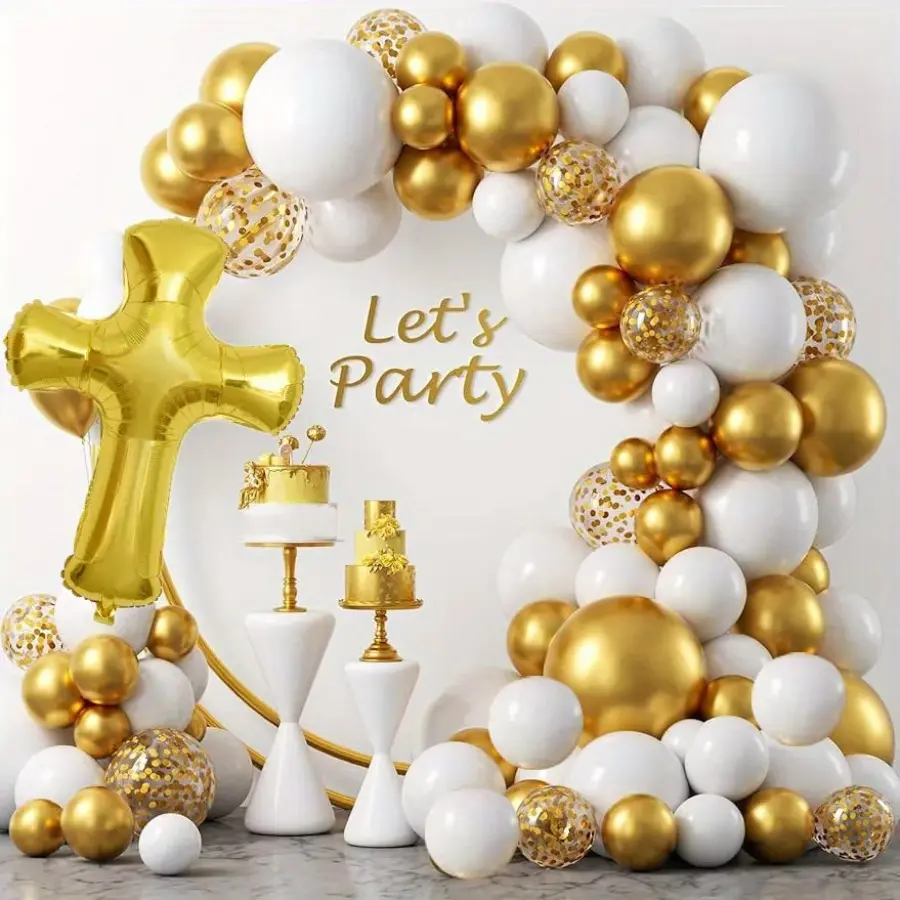 133-Piece Cross Shape Aluminum Balloon Arch & Garland Set, Round Balloons for Baptism, Eucharist, Memorial Event Decorations, Balloon Garland