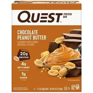 Quest Dipped Protein Bar - High Protein, Low Sugar, Chocolate Peanut Butter, 4 Count - Great Snack for Protein Lovers