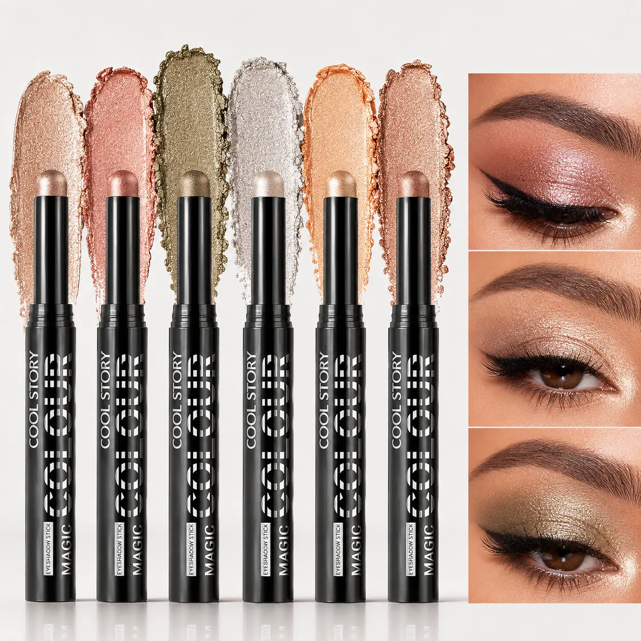 6 Colors Shimmer Eyeshadow Stick Set, Creamy Metallic Eye Shadow Pencil, Easy Blend Highlighter & Contour Makeup Stick