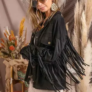 BiBi Suede Fringe Long Sleeve Jacket Cotton Outerwear western clothing fashion cowboy clothes Faux