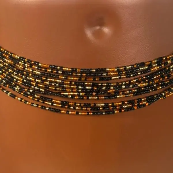 AAEssentials Amber Glow Waistbeads - Matte Black and Gold Beaded Waist Jewelry for Stylish Wear