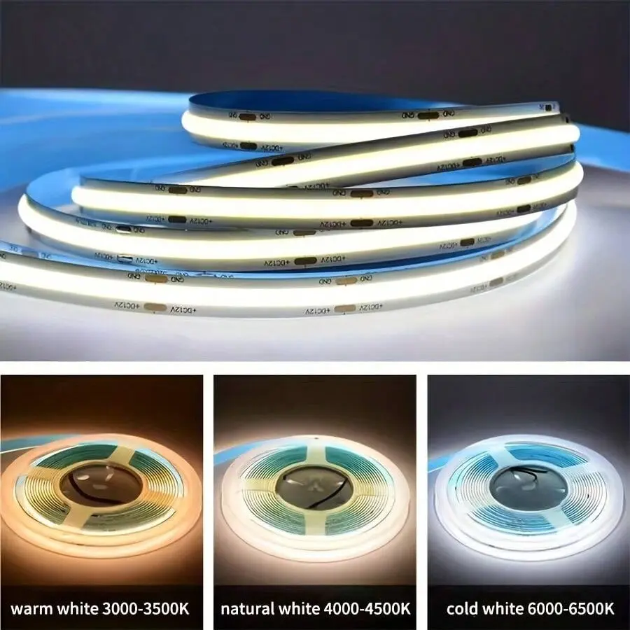 Flexible COB LED Strip Light Tape, Dimmable, Adjustable Brightness LED, 5v Voltage, 3 Color Options, Ideal for TV Backlighting, Vanity Mirror, Cabinet Lighting, Home Decor