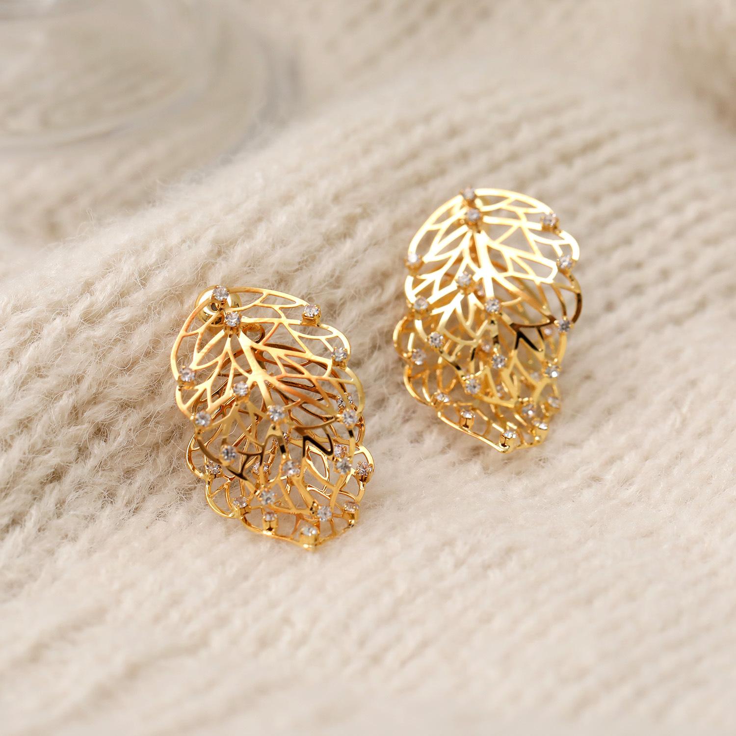 Reversible 2-Way Leaf CZ Drop Earrings, 18K Gold Plated Dainty Luxury Statement Earrings