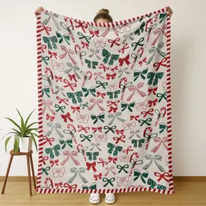 Cozy Christmas Bow Theme Flannel Blanket, Throw Blankets, Multi-Color Bow Pattern, Soft Comfortable, Home Decor, Camping, Picnic, All-Year Use
