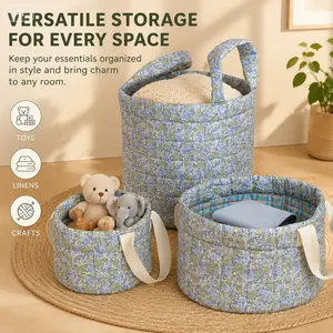 Rustic patchwork floral round basket — large-capacity home storage organizer