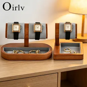 Oirlv Wood Watch Display Stand Microfiber Watch Holder Jewelry Organizer Rack for Rings Earrings Bracelets Minimalist Home Decor Gift Grey Beige