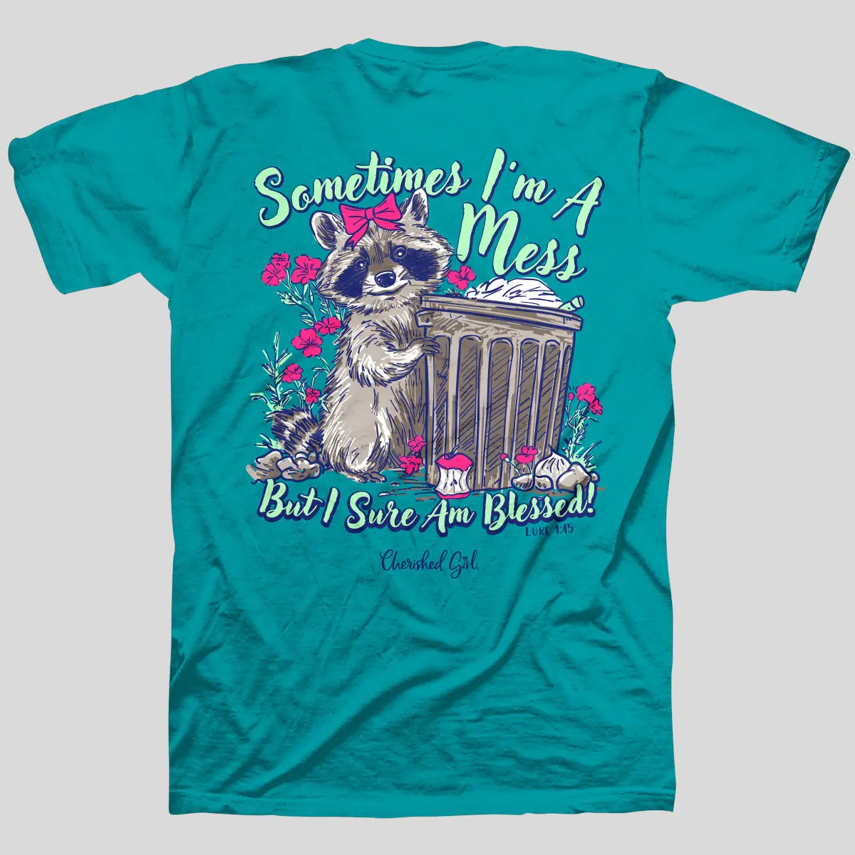 Women's 100% Cotton Short Sleeve Graphic Top - Funny Faith-Based "Sometimes I'm a Mess" Raccoon Floral Print, Round Neck, Standard Fit, Casual Cute Tops for Women, Playful Tee, Grace Reminder, Faithful Fun Tee, Pull On