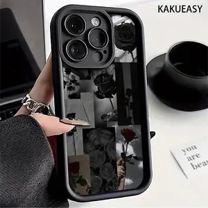 Fashion Black Rose Patchwork Pattern Phone Case for iPhone 16 Pro Max, 16, 15 Pro, 14 Plus, 13, 12 Pro, 11 Pro Max, X, XS Max, TPU Shockproof Anti-Dirt Protective Soft Case
