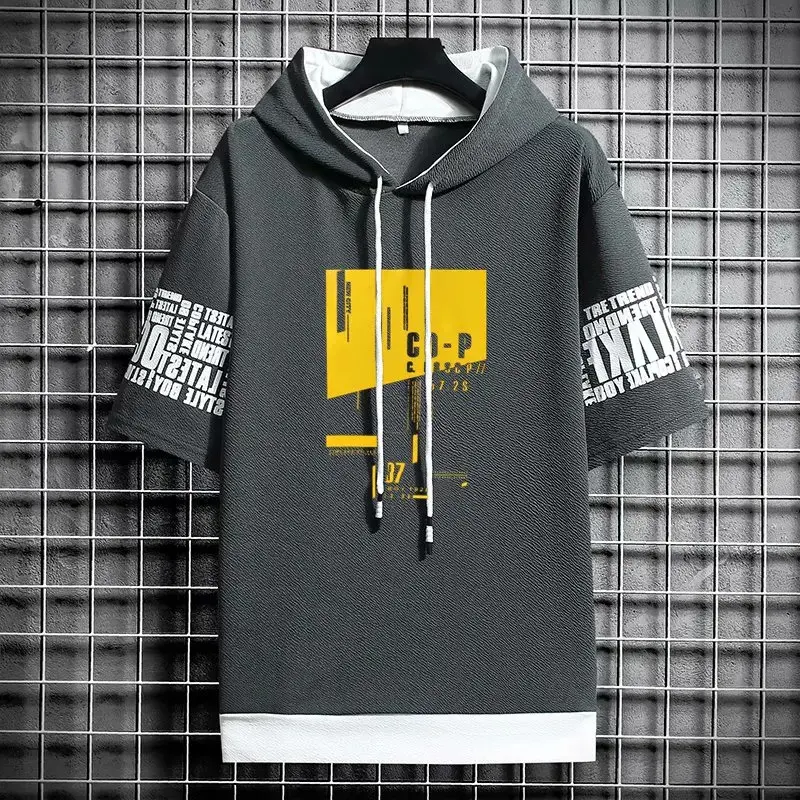 New Korean Style Men's Hoodies Fashion Streetwear Half Sleeve Hooded Sweatshirts Men Casual Harajuku Prints Men Clothing Hoodies