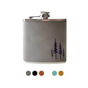 Flask- Pine Trees engraved flask. Boho simple classic cute leather hip flask. hip flask stainless steel