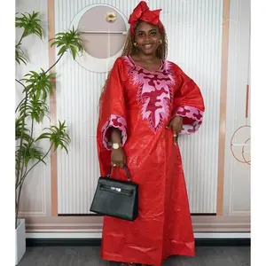 Plus Size African Clothes for Women 2025 New Dashiki Ankara Bazin Riche Design Red Wedding Party Dresses with Headscarf Formal Womenswear Polyester Material Long Sleeve Hip Workwear
