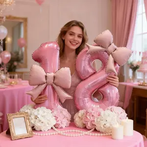5pcs Pink 18th Balloons, Number Balloons Set, Includes 2 Numbers & 2 Bowknots, Durable Aluminum Foil Party Decorations, Balloon Party Supplies, Perfect for Birthdays & Anniversaries
