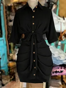 Vintage Style Aesthetic Ruched Half-Sleeve Button Dress, Elegant Knee-Length Plain Design, Waist-Tied Bodycon Skirt, Summer New Arrival, Perfect for Dates and Gatherings