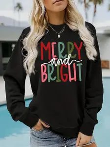 Women's Casual Merry Bright Graphic Pullover Sweater, Soft Long Sleeve Round Neck Sweatshirt, Comfortable Daily Wear