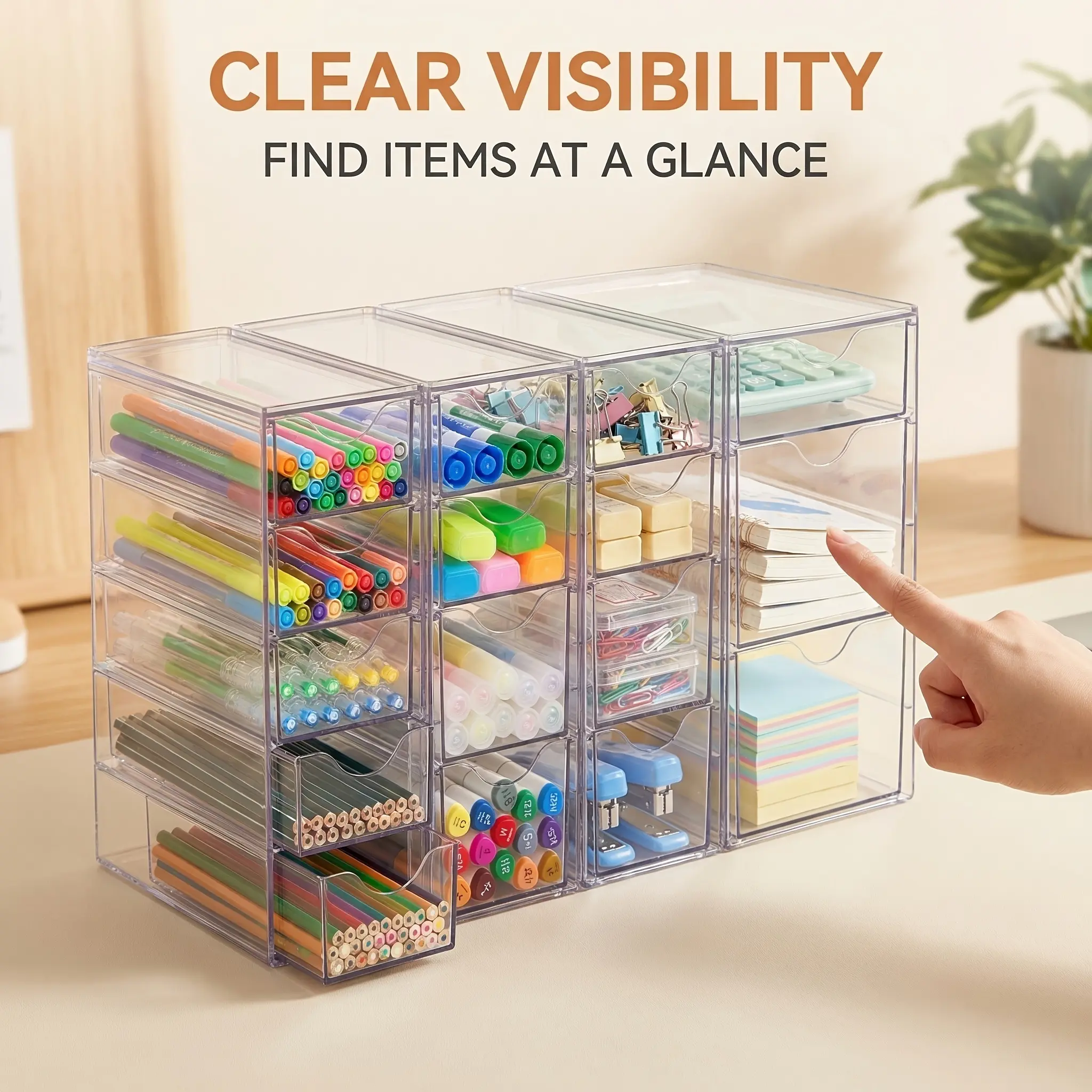Acrylic Organizer with 8 Drawers (2 Set)/16 Drawers (4 Set), Clear Storage Drawers for Office Supplies, Desk Organization And Storage for Makeup, Jewelry, Art Crafts, Desk & Drawer Organizer for Home Storage