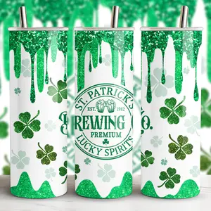 St. Patrick’s Day Lucky Shamrock Clover Skinny Tumbler 20oz, Insulated Stainless Steel Drinkware Bottles Portable Beverage Reusable Irish Washable Cup