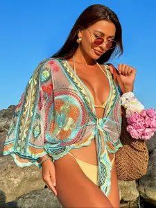 Women's Embroidery Cover Up Top, Boho Style Batwing Sleeve Cover Up Top for Beach Vacation, Fashion Women's Swimwear for Summer, Swimsuit Cover Up