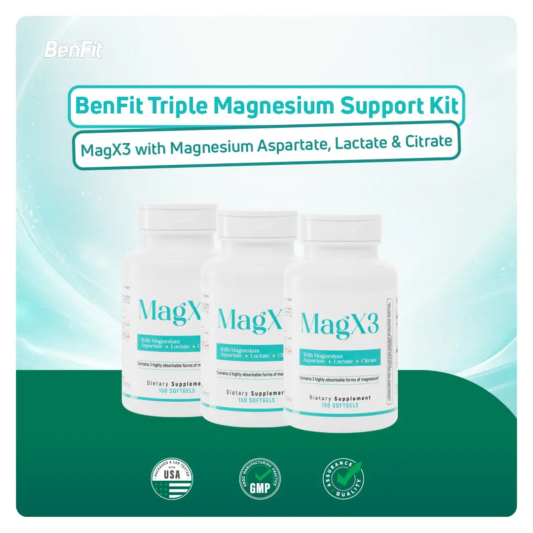 BenFit Triple Magnesium Support Kit – MagX3 with Magnesium Aspartate, Lactate & Citrate – 100 Softgels Each – 3-Bottle Set