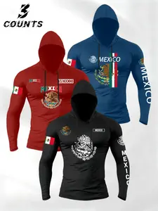 Men's 3-Pack Mexican Print Hooded Long Sleeve T-Shirts, Comfortable Athletic Fashion Fitted Design Activewear Sporty Casual Thin Top, Athletic Fitness Clothes, Multiple Colors Available