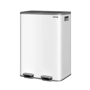 60L Double Compartment Stainless Steel Kitchen Trash Can, Fingerprint Resistant Pedal Bin with Removable PP Buckets, Grey White Hands-Free Waste Bin for Recycling, Non-Slip Design for Compact Kitchen Spaces, Household