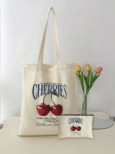 Vintage Cherry Print Large Capacity Shoulder Bag, Casual Style, All Seasons, Perfect for Shopping, Work, Leisure, Key Holder, Earphones, Coins