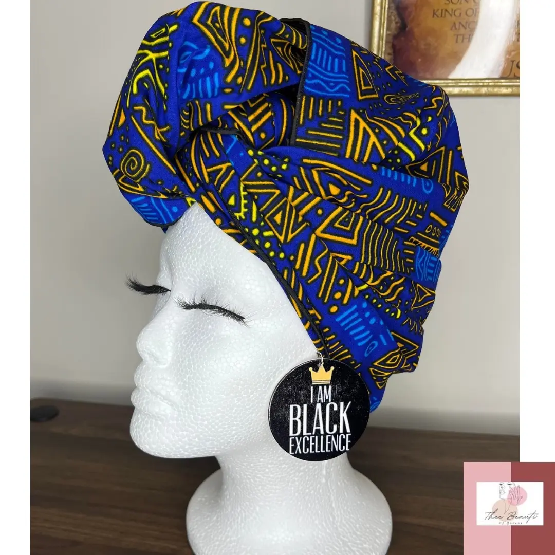 Ankara Head Wrap Cotton Striped with Button Earrings