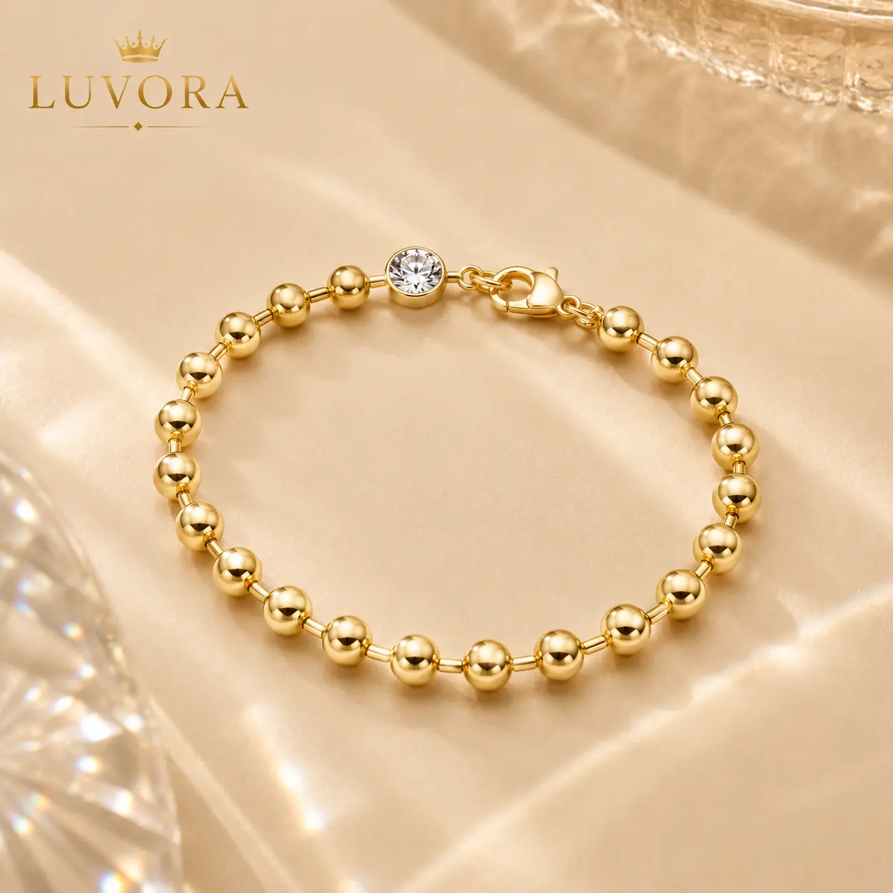 LUVORA S925 Sterling Silver Gold Beaded Bracelet with 1CT Moissanite Accent, 18K Gold Plated Ball Chain Bracelet for Women, Adjustable 19cm