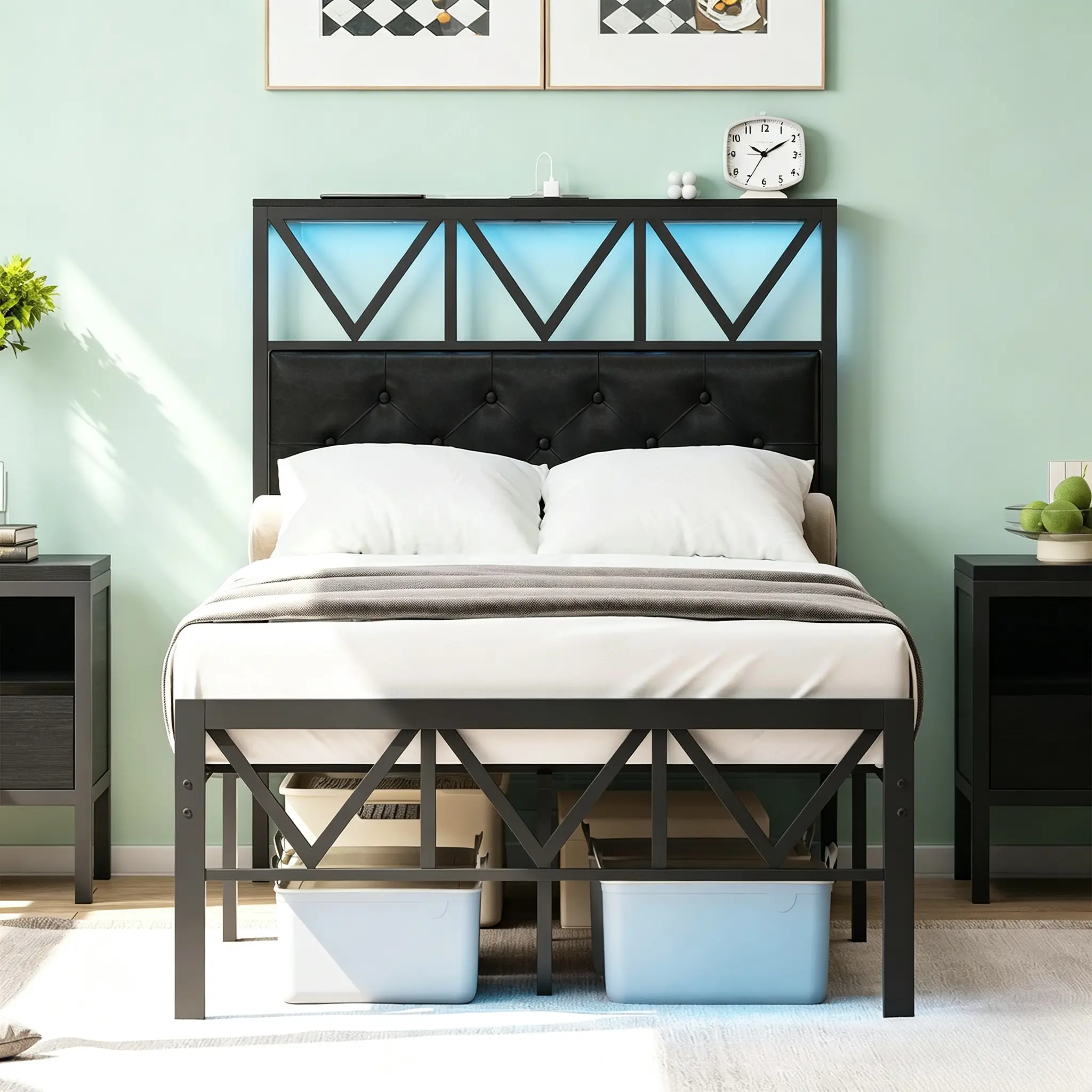 CollaredEagle Twin/Full Alloy Metal Platform Bed Frame - Twin Bed Frame with Steel Slats, Upholstered Headboard, Storage Shelves, Charging Ports, LED Lights, Easy Setup, Heavy-Duty, No Box Spring Needed