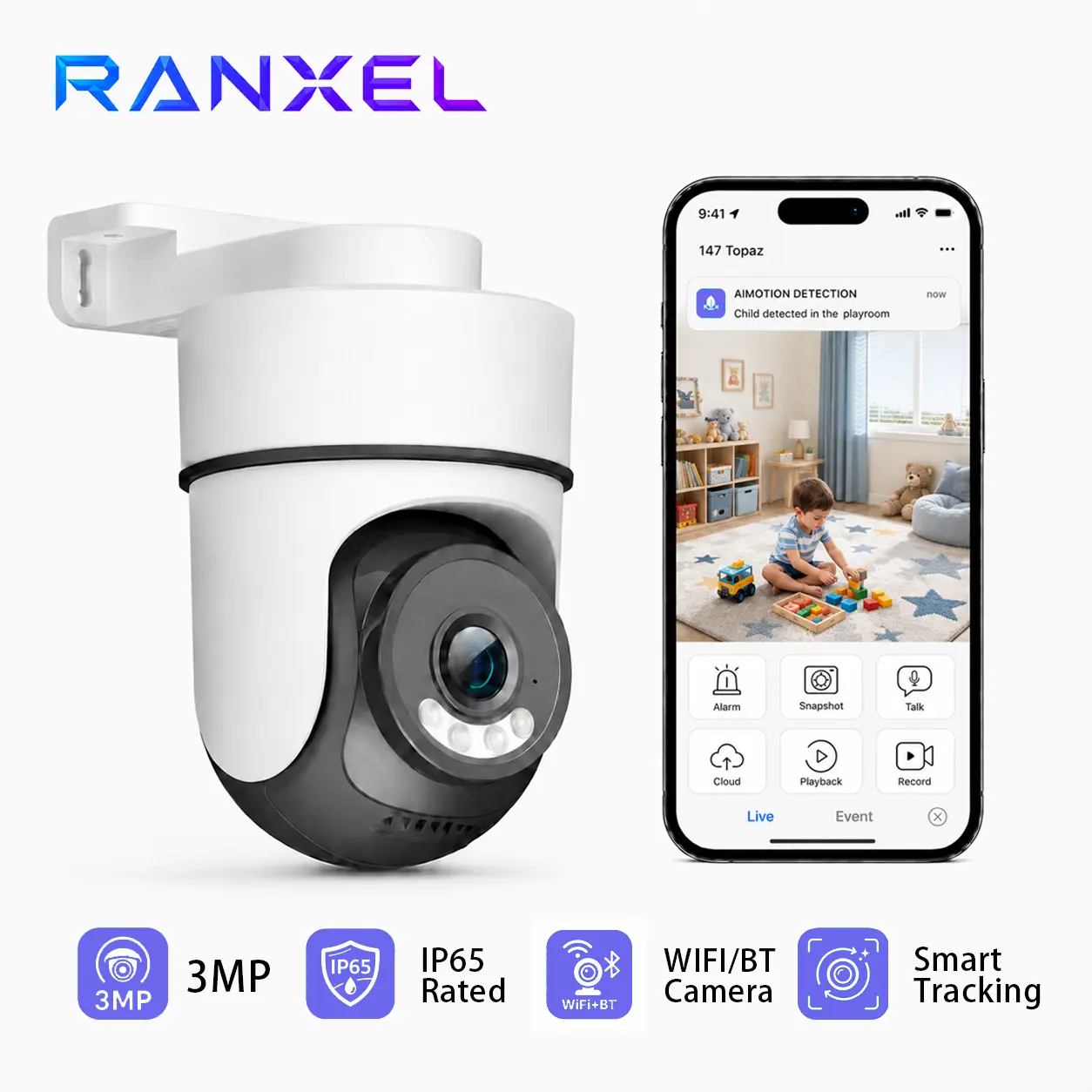 Ranxel 3MP Outdoor Wi-Fi Home Security Camera - IP65 Weather Resistance, 360-Degree Pan-Tilt Control, Smart Motion Tracking, Full-Color Night Vision, Smart Detection Alerts, 2-Way Audio, Easy Installation, Multi-User Access for Home, Garage Monitoring