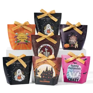 24 Set Halloween Treat Boxes with Ribbons,6 Patterns Gift Bags for Coworkers Decorations Boxes Party Favors Bags