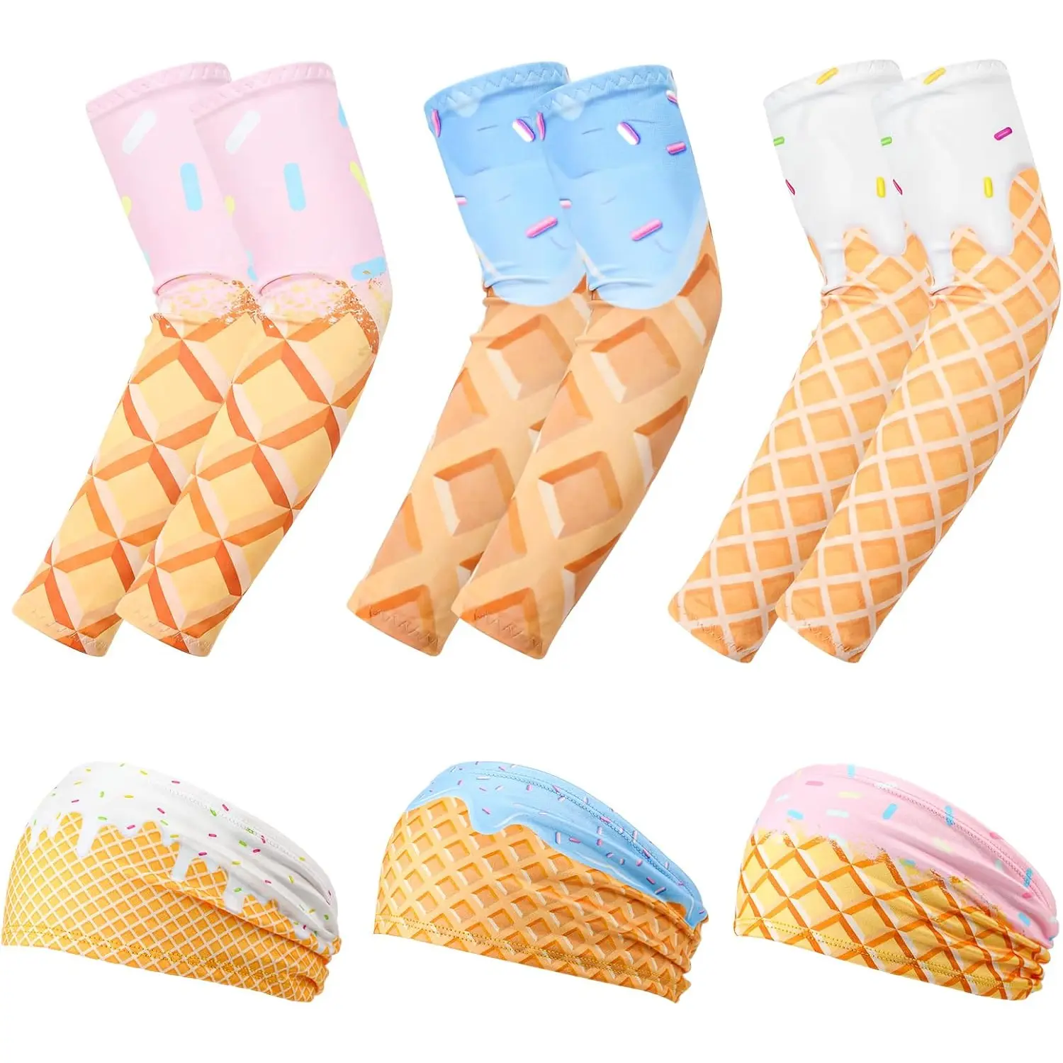 3 Pairs Baseball Arm Sleeves with 3 Sports Headbands for Youth Teens Ice Cream Drip Compression Sleeves Pink Blue White for Baseball Softball Basketball Running