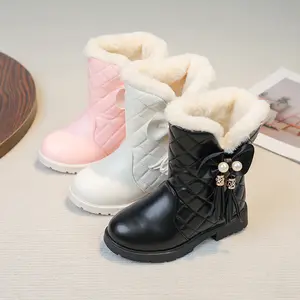 Toddler Girl Snow Boots Cute Bowknot Leather Booties Winter Warm Fur Lined Ankle Boots with Non-Skid Soles