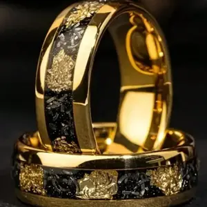 Men's 8mm ring, 14k gold plated, set with meteorite stone, simple and fashionable, perfect as a gift for anniversaries, weddings, etc.